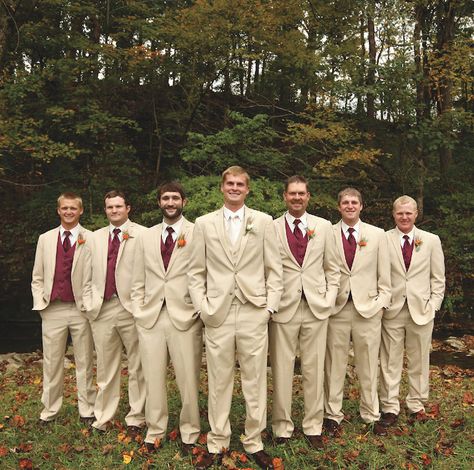 Groom and groomsmen in khaki suits with deep red vests. See more from this Nashville wedding inspiration with a fall theme by @cjones8790! | The Pink Bride www.thepinkbride.com Groomsmen Attire Khaki, Burgundy Tux, Fall Groomsmen, Deep Red Wedding, Fall Groom, Groomsmen Outfit, Wedding Groomsmen Attire, Weddings Idea, Wedding Renewal