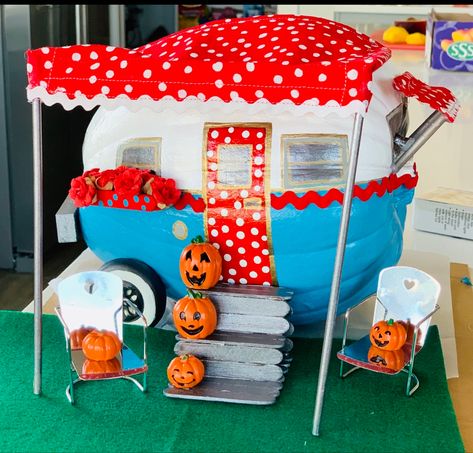 Beautiful Pumpkin Decorating, Pumpkin Painted Like A Camper, Epic Pumpkin Decorating, Bank Pumpkin Decorating, Salon Pumpkin Decorating, Camper Pumpkin Decorating, Carnival Pumpkin Decorating, Camping Pumpkin Decorating, Pumpkin Camper Painted