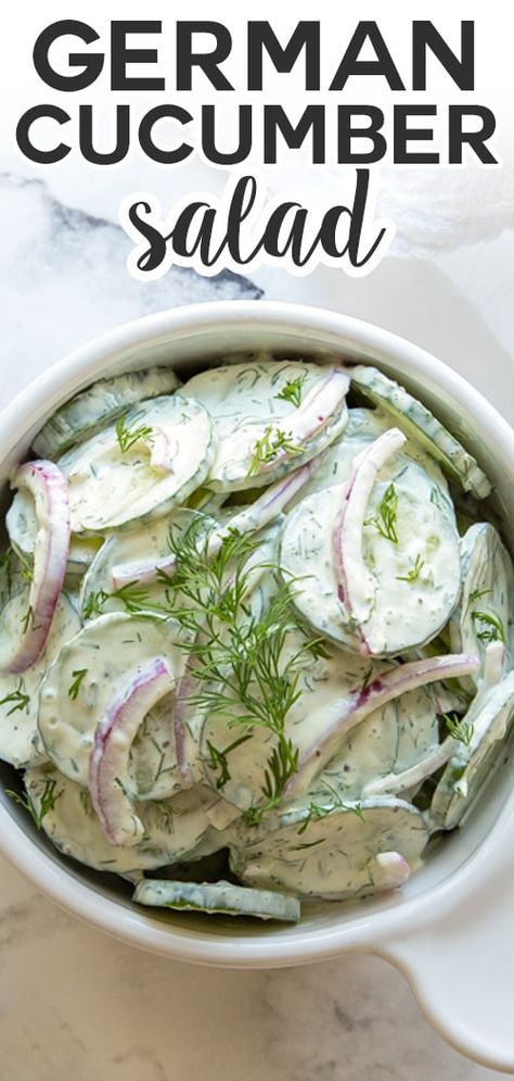 German cucumber salad is a delicious and refreshing side dish with crisp cucumbers and onions in a creamy dill and sour cream dressing. 21 Day Fix Salad, Recipes For Healthy Skin, Creamed Cucumber Salad, German Salads, Sour Cream Dressing, Cucumber Onion Salad, German Cucumber Salad, Cucumber Dill Salad, Creamed Cucumbers