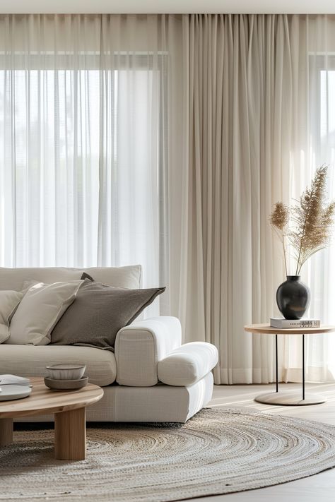 Enhance your minimalist space with Japandi curtain ideas that bring tranquility and elegance. 🌸🪟 Curtains For Minimalist Bedroom, Minimalist Curtain Ideas, Japandi Curtains Living Room, Japandi Curtain Ideas, Minimalist Curtains Living Room, Curtain Japandi, Japandi Window, Japandi Curtains, Minimal Curtains