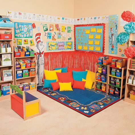 Dr. Seuss Reading Corner - OrientalTrading.com Book Corner Classroom, Dr Seuss Classroom Theme, Reading Corner Kids, Reading Corner Classroom, Dr Seuss Classroom, Seuss Classroom, Reading Corners, Classroom Decor High School, Kindergarten Classroom Decor