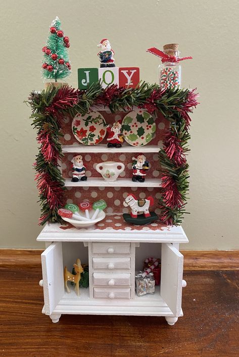 Christmas Hutch Decor, Mini Christmas Decor, Christmas Miniatures Scene, Themed Dollhouse, Miniature Hutch, Dollhouse Holiday, Christmas Dollhouse, Custom Dollhouse, Christmas Shelf