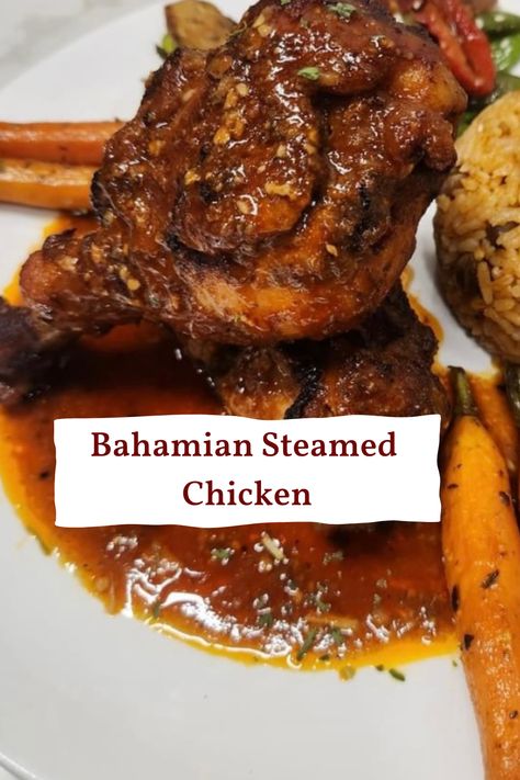 Chicken with gravy along with roasted carrots and peas and rice Bahamian Recipes, Bahamian Food Recipes, Bahama Recipes, Steamed Chicken Recipes, Chicken Souse Recipe, Island Chicken Recipe, Bahamas Food, Steam Chicken Recipe, Steamed Fish Recipes