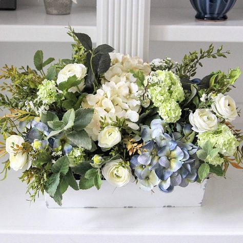 Farmhouse Floral Arrangements, Farmhouse Florals, Snowball Hydrangea, Flower Centrepieces, Mooresville North Carolina, Farmhouse Flowers, Beauty Bush, Wood Box Centerpiece, Rustic Arrangements