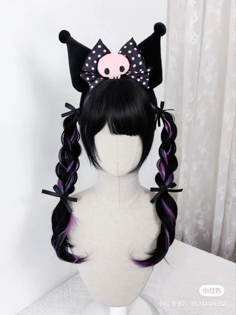 Kuromi Hairstyle, Dual Kawaii, Kuromi Cosplay, Kuromi Hair, Kuromi Birthday, Kuromi Outfit, Birthday Party Props, Egg Shell Art, Sleek Ponytail Hairstyles