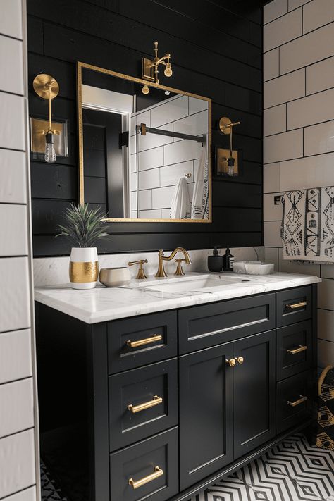 Moody Bathroom Master, Moody Bathroom Inspiration, Dark Bathroom Ideas Color Schemes, Moody Romantic Bathroom, Bathroom With Black Walls, Masculine Bathroom Colors, Black And White Bathroom Tile Ideas, Dark Moody Bathroom Ideas, Small Black And White Bathroom Ideas