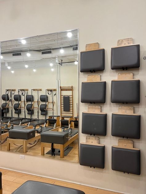 Pilates Studio Storage Ideas, Pilates Equipment Storage, Pilates Studio Storage, Reformer Studio, Pilates Inspiration, Pilates Room, Yoga Studio Design, Pilates Equipment, Board Storage