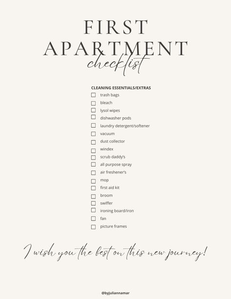 Furnishing A New Home Checklist, First Apartment Must Haves, Essentials First Apartment, Move In Essentials, Checklist First Apartment, New Apartment Checklist, Apartment Minimalist, Dorm Checklist, Apartment Cozy