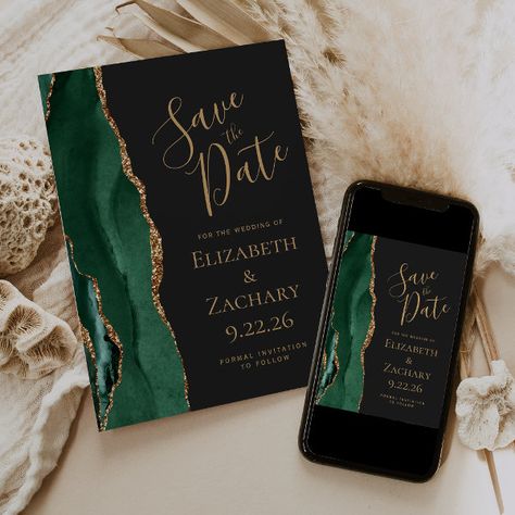 Modern Emerald Green Gold Agate Dark Save the Date Elegant Modern Wedding, Emerald Green Weddings, Modern Save The Dates, Date Invitation, Dark Wedding, Theme Color, Wedding Suite, Save The Date Card, Wedding Save The Date