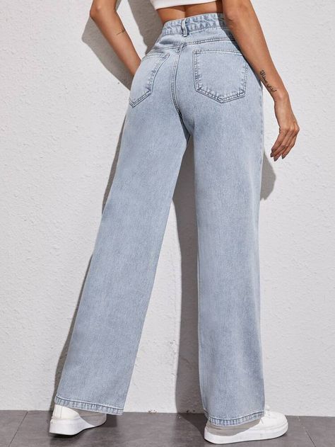 Acid Wash High-Rise Wide Leg Jeans | SHEIN USA Pantalones Boyfriend, Jeans Casual Outfit, Jean Set, Light Color Jeans, Wide Leg Pants Jeans, Wide Leg Jeans Outfit, Jeans Outfit Women, Types Of Jeans, High Rise Wide Leg Jeans