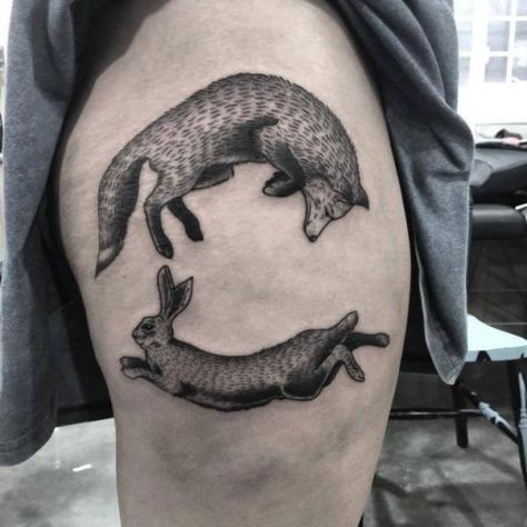 Differing take on yin and yang Fox And Hound Tattoo, Fox And The Hound Tattoo, Hound Tattoo, Fox And Hound, Sacred Art Tattoo, Coyote Tattoo, Fox Tattoos, Getting Tattooed, Engraving Tattoo