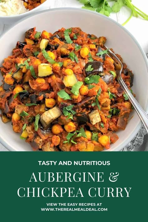 roasted aubergine and chickpea curry recipe Aubergine Recipe Healthy, Budget Meals For A Week, Curry Without Coconut Milk, Aubergine Recipes, Chickpea Vegan, Aubergine Curry, Meals For A Week, Roasted Aubergine, Vegetarian Curries