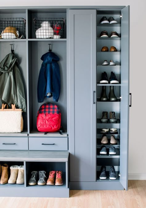 Do your shoes get lost in piles at the door or under the bed? Display your favorite shoes at eye-level for easy access using Inspired Closets’ custom Shoe         Shrine™.  Inspired Closets OKC can help you keep your shoes and entryway organized by customizing solutions to suit your lifestyle. Speak with one of our designers today for more helpful tips. Click the link! Custom Mudroom, Mudroom Remodel, Mudroom Closet, Mud Room Entry, Mudroom Lockers, Mudroom Organization, Mudroom Decor, Mudroom Entryway, Mudroom Laundry Room