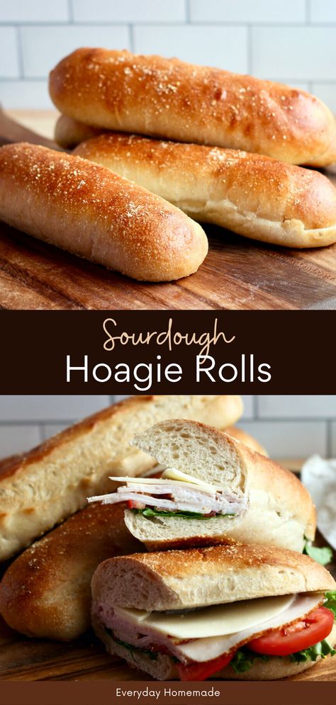 Try the best recipe for homemade Sourdough Hoagie Rolls! Using your sourdough starter and a stand mixer, whip up these soft, fluffy, and tender sandwich rolls. No yeast needed, whether you're craving them for a summer picnic or beach day. Easy to make, whether you prefer same-day or overnight prep. Perfect for DIY sandwiches from scratch, they're the best addition to your summer adventures. Sourdough Hoagie Rolls, Hoagie Roll Recipe, Hoagie Sandwich, Diy Sandwich, Homemade Sourdough Bread Recipes, Sandwich Rolls, Recipe Using Sourdough Starter, Sourdough Rolls, Bread Ideas