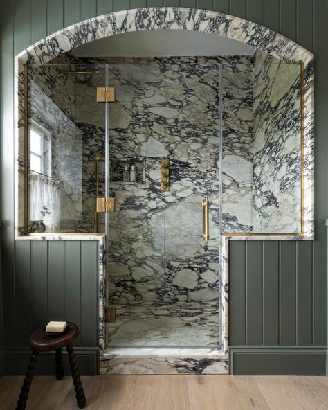 The Family bathroom in our Wiltshire Farmhouse project and its evolution. This space was small but we maximised it with building this large feature shower, carefully selecting the marble and creating an enclosure that is in-keeping with the rest of the house. #throwbackthursday Interior Design | @blankslatestudio Photography | @gyorgykorossy Walk In Shower From Both Sides, Small Marble Shower Room, Large Shower With Bathtub Inside, His And Her Bathroom And Closet, Funky Master Bath, Roman Shower Walk In, Double Sided Fireplace Bathroom, 9x12 Bathroom Layout Master Bath, Stone Wet Room