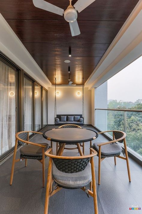 Modern Home Balcony Design, Balcony Ceiling Design Modern, Balcony False Ceiling Designs, Balcony Chairs And Table, Balcony Ceiling Ideas, Balcony Ceiling Design, Home Balcony Design, Interior Design Balcony, Glass Ceiling Design