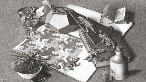 #3d #animals #artwork #books #bottles #drawing M. C. Escher #monochrome Optical Illusion #psychedelic #reptile #1080P #wallpaper #hdwallpaper #desktop Mc Escher Art, Escher Tessellations, Escher Art, Sensitive Men, M C Escher, Mc Escher, Hieronymus Bosch, Highly Sensitive, Op Art