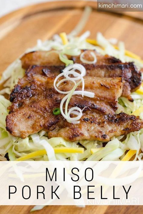 Miso Pork Belly! Perfect for indoor or outdoor BBQ. Enjoy with rice and plenty of veggies.   #koreanfood #porkbelly #porkmarinade #porkbbq #asianrecipes #bbq #kimchimari Pork Belly Marinade, Miso Pork, Green Onions Recipes, Steak Dinner Sides, Slow Cooked Pulled Pork, Pork Belly Slices, Pork Marinade, Asian Pork, Pork Belly Recipes