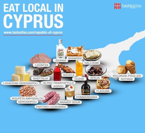 Discover traditional dishes, drinks, and food products on our Cyprus 🇨🇾 food map. Brandy Sour, Cyprus Food, Cyprus Island, Cypriot Food, Visit Cyprus, Greece Food, Drinks And Food, October Holidays, Food Map