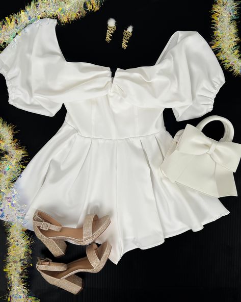 White Romper Wedding, Wedding Romper, Wedding Festivities, Sparkly Wedding, Sparkly Heels, Bride Earrings, 2025 Wedding, White Romper, Engagement Party