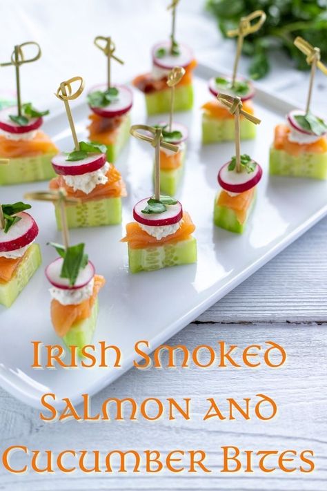 Irish Smoked Salmon and Cucumber Bites with Radishes | Irish American Mom Irish Party Food, Irish Potato Bites, Spicy Chicken Bites, Salmon And Cucumber, Irish Appetizers, Jelly Meatball Recipe, Toothpick Appetizers, Cucumber Appetizers, Burger Bites