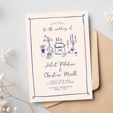 This wedding invitation is based on the popular hand-drawn trend that features French or Italian style food and beverages in a whimsical, doodle, scribble style. This design is ideal for a laid back, casual wedding in a garden. It features charming hand drawn illustrations of a vase of flowers, bottle of champagne, wedding cake, candle holder and glasses of wine. Hand Drawn Wedding Invitations Simple, Casual Wedding Invites, Doodle Invitation Wedding, Italian Style Wedding Invitations, Wedding Invitation Doodle, Wedding Invitation Handdrawn, Hand Drawn Wedding Invite, Hand Drawn Invitations, Doodle Wedding Invitation