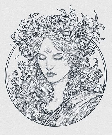 Maria Dimova, Art Nouveau Tattoo, Nouveau Tattoo, Arte Indie, Traditional Drawing, Mucha Art, Art Nouveau Illustration, Girls Tattoo, Drawing Process