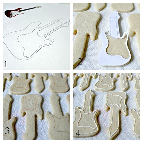 Ellie's Bites guitar template collage Guitar Cookies, Guitar Template, Rock Baby Showers, Star Sugar Cookies, Rock And Roll Birthday, Template Collage, Music Cookies, Guitar Cake, Dance Party Birthday