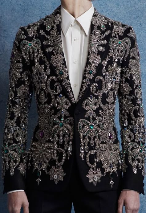 Glitz And Glam Suit Men, Bling Suits For Men, Embroidery Blazer Men, Sparkly Suit Men, Prom Suits For Men Unique, Unique Tuxedos, Mcqueen Menswear, Alexander Mcqueen Menswear, Prom Suits For Men