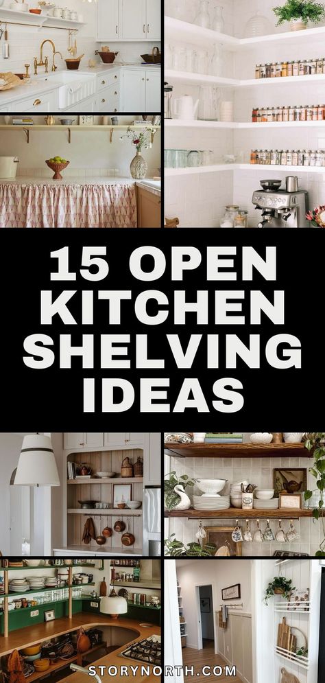 Save this pin for creative and practical open shelving ideas to enhance your kitchen decor! Discover how these innovative designs can add style and functionality to your space. #KitchenDecor #HomeDesignIdeas #OpenShelving #InteriorInspiration Open Shelves Between Cabinets In Kitchen, Unique Kitchen Shelves, Kitchen Floor To Ceiling Shelves, Shelving Above Kitchen Cabinets, Kitchen Shelf Ideas Wall Shelves, Wall Shelves For Kitchen, Kitchen Shelving Ideas Wall Shelves, Open Kitchen Cabinets No Doors, Kitchen Wall Shelving