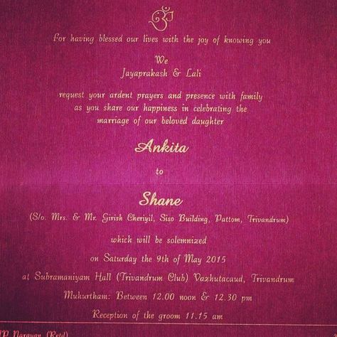 My wedding invitation wording. Kerala, South Indian wedding. #ShaneAndAnkitaWedding Wedding Card Content, Kerala Wedding Invitation Cards, Tamil Wedding Invitation, Tamil Marriage Invitation, South Indian Wedding Card Template, Tamil Iyer Wedding Invitation, Wedding Card Content Indian, Christian Wedding Invitation Wording, Indian Wedding Invitation Wording