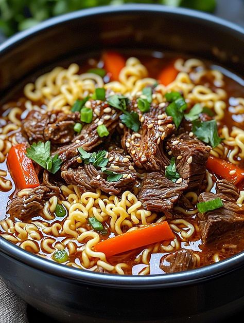 via @thenandnowspace Slow Cooker Beef Ramen, Beef Ramen Noodle Recipes, Beef Ramen Noodles, Beef Ramen, Ramen Noodle Recipes, Spicy Beef, Ramen Recipes, Crockpot Beef, Slow Cooker Beef