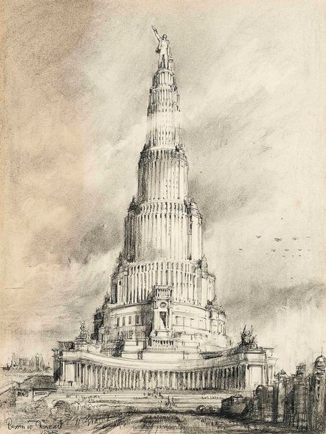 Bryan De Grineau (1883-1957) | The proposed Palace of the Soviets, Moscow | Drawings & Watercolors, charcoal | Christie's Russian Constructivism Architecture, Soviet Architecture Drawing, Medieval Russian Architecture, Socialist Realism Architecture, Soviet Buildings Architecture, Structural Expressionism, Palace Of The Soviets, Conceptual Sketches, Monumental Architecture