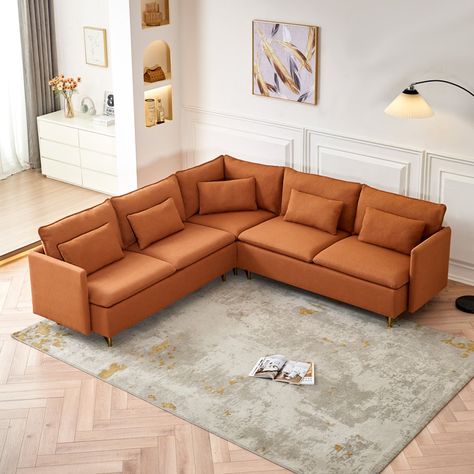 Everly Quinn 3 - Piece Upholstered Sectional | Wayfair L Shaped Sectional, Raw Sienna, Orange Sofa, Corner Couch, Corner Sectional Sofa, Fabric Sectional Sofas, Teddy Fabric, Living Room Apartment, Apartment Office