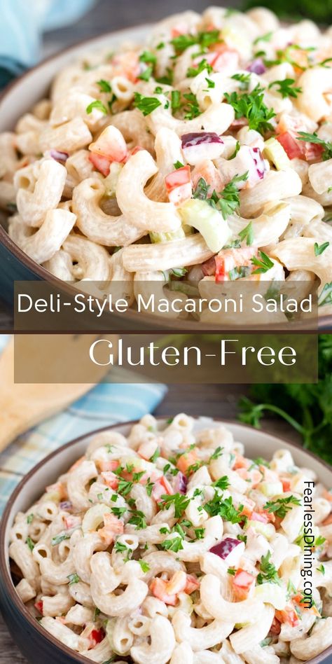 Macaroni Salad Dairy Free, Gluten Free Mac Salad, Gluten Free Cold Salads, Gluten Free Dishes For Potluck, Gluten Free Cold Pasta Salad, Gluten Free Beach Food, Gluten Free Pasta Salad Recipes Cold, Gluten Free Bbq Sides, Gluten Free Summer Dinners