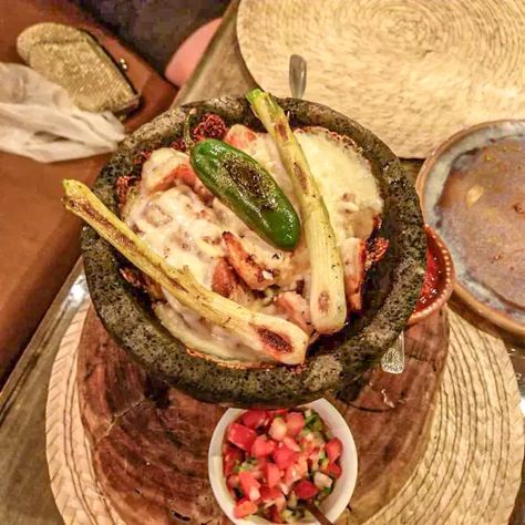 Seafood Molcajete; An Impressive Dish To Serve Anytime! - Spending Time In My Kitchen Seafood Molcajete Recipe, Molcajete Recipe, Mixed Seafood Recipe, Mixed Seafood, Seafood Mix, Oaxaca Cheese, Tomatillo Salsa, Grilled Seafood, Cooking Seafood