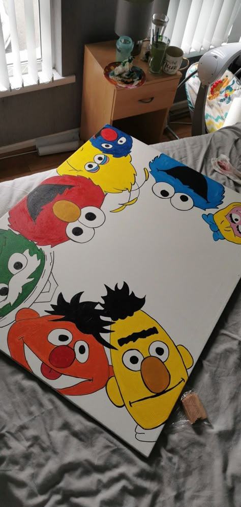 Painting Ideas On Big Canvas Aesthetic, Elmo Drawing, Canvas Painting Ideas Cartoon, Kaws Sesame Street Painting, Elmo Painting, Elmo Painting Canvas, Kaws X Sesame Street Painting, Cartoon Painting Ideas, High Cartoon Paintings On Canvas