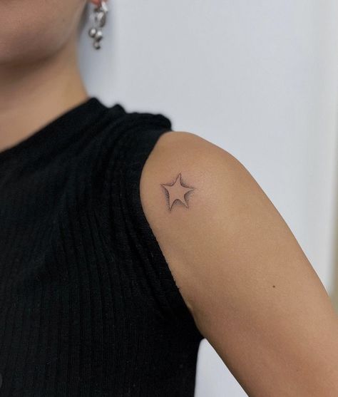 Star With A Face Tattoo, Star Shape Tattoo, Shaded Star Tattoo, Star Tatoos Arms, Ethereal Star Tattoo, Upper Ankle Tattoo, Star On Shoulder Tattoo, Neck Star Tattoo, Dream Tattoos Word