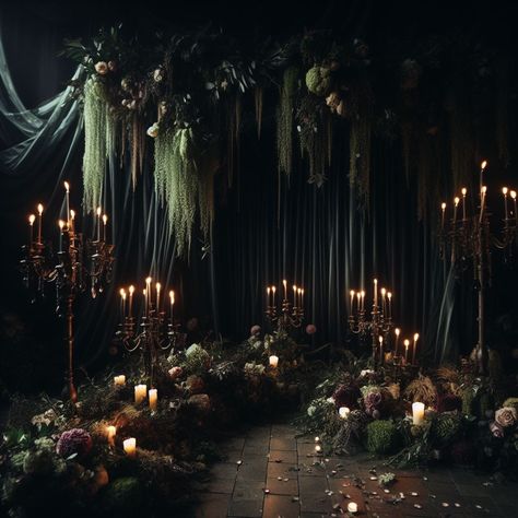 Modern Forest Wedding Decor, Goth Wedding Ceremony Decor, Dark Sultry Wedding, Gothic Cottage Core Wedding, Fairy Goth Wedding, Moody Woodsy Wedding, Swamp Themed Wedding, Black And Green Wedding Ideas, Black Wedding Venue Aesthetic