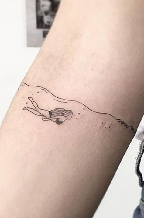 Wild Swimming Tattoo Ideas, Woman Floating In Water Tattoo, Wild Swimming Tattoo, Woman Swimming Tattoo, Floating In Water Tattoo, Swimming Pool Tattoo, Snorkeling Tattoo, Snorkel Tattoo, Small Water Tattoo