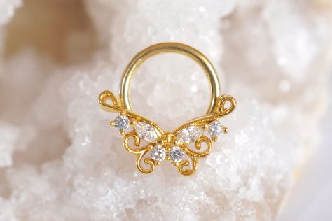 Cute Septum Rings Gold, Dainty Gold Septum Piercing, Butterfly Daith Earring, Diamond Accented Septum Ring, Septum Jewelry Clicker, Daith Piercing Jewelry, Daith Jewelry, Rose Gold Butterfly, Nose Piercing Jewelry