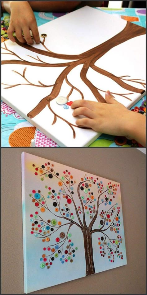 Button Tree Canvas, Canvas Painting Ideas For Kids, Button Tree Art, Button Art On Canvas, Easy Canvas Painting Ideas, Painting Ideas For Kids, Tas Denim, Buttons Crafts Diy, Button Tree