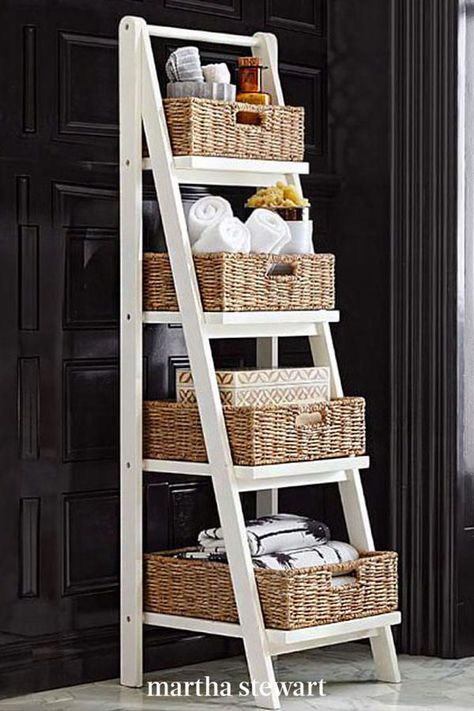 Beautifully crafted from pine wood, this storage ladder adds dimension and height to your bathroom décor. You can store towels and toiletries directly onto its four shelves or incorporate baskets into the look. #marthastewart #organization #organizationideas #declutter #tipsandadvice Shelf With Baskets, Bathroom Storage Cabinets, Bathroom Ladder, Bathroom Floor Storage Cabinet, Bathroom Standing Cabinet, Wall Storage Cabinets, Bathroom Stand, Personal Gym, Bathroom Floor Storage