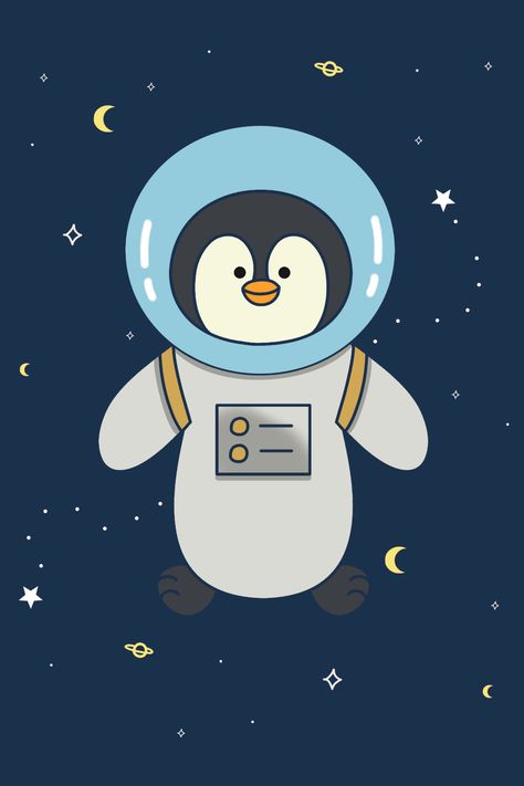 Penguin Astronaut, Space Penguin, Astronaut Illustration, Illustration For Kids, Penguin Illustration, Moon Planet, Kawaii Penguin, Astronaut Wallpaper, Cute Doodle