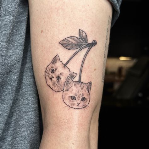 Cherry kitties (from my flash) for my lovely returning client Georgia today, always love tattooing you 💕Thank you! . . #tattoo #tattoos #tattooideas #tattooinspo #cattattoo #kittentattoo #cherrytattoo #brightontattoo Cat Cherry Tattoo, Cherry Cat Tattoo, Corduroy Tattoo, Cat Head Tattoo, Fat Cat Tattoo, Brighton Tattoo, Cherry Tattoo, Kitten Tattoo, Cherry Tattoos