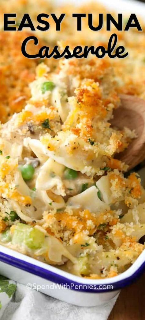 Tuna casserole is a family staple that couldn't be easier for a weeknight dinner! #spendwithpennies #tuna #casserole #tunacasserole #tunanoodlecasserole #cheese #noodles Alfredo Tortellini, Tortellini Casserole, Tuna Casserole Easy, Tuna Casserole Recipes, Noodle Casserole Recipes, Popper Dip, Ground Beef Stroganoff, Tuna Noodle Casserole, Tuna Casserole