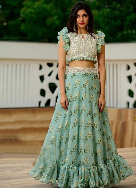 Shop Girls Designer Light Green Crop Top Lehenga Design 2020 Online at YOYO Fashion Long Skirt Top Designs, Long Skirt And Top, Lehenga Crop Top, Blouse Tops Designs, Crop Top Lehenga, Sabyasachi Lehenga, Long Gown Design, Happy Dresses, Stylish Crop Top