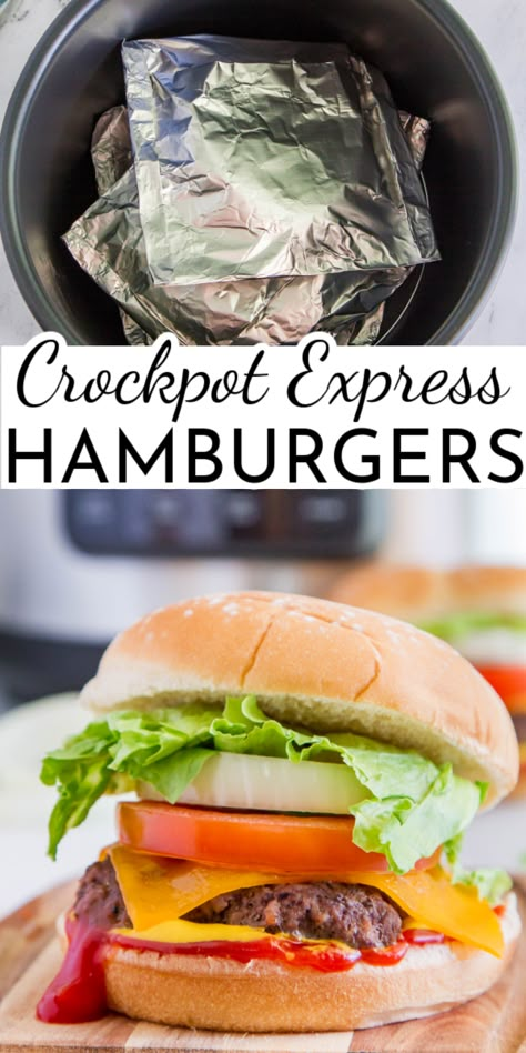 Juicy and easy to prepare, Crockpot Express Hamburgers are perfect for any weeknight dinner! Pile on all your favorite toppings and make it a burger night.  via @nmburk Hamburger Crockpot Recipes, Hamburger In Crockpot, Baked Hamburgers, How To Cook Hamburgers, Crockpot Express, Hamburgers Grilled, Crock Pot Food, Easy Crockpot Dinners, Electric Pressure Cooker Recipes