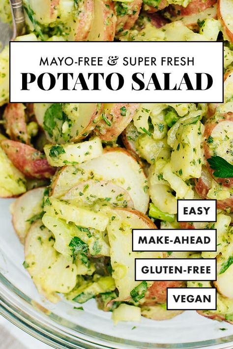 This healthy potato salad recipe is full of fresh flavor. It's mayo-free and so easy to make (and vegan, too!). It'll be a big hit at your next party! #potatosalad #veganrecipe #glutenfree #potluck #memorialday #cookieandkate Healthy Potato Salad, Healthy Potato Salad Recipe, Potato Salad No Mayo, Herbed Potato Salad, French Potato Salad, Healthy Potato, Cookie And Kate, Red Potato Salad, Potato Salad Healthy