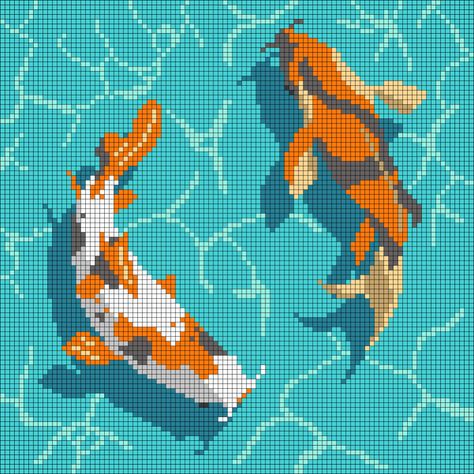 Koi Fish Crochet Tapestry, Pixel Art Koi Fish, Cute Crochet Graphs, Koi Alpha Pattern, Koi Fish Alpha Pattern, Alpha Pattern Pixel Art, Alpha Pattern Tapestry, Cute Crochet Tapestry, Crochet Pixel Pattern Aesthetic